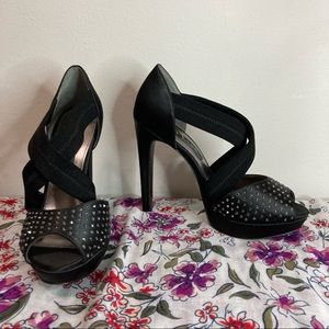 Nina New York Black Satin Rhinestone Platform Heels Thick Criss Cross Straps